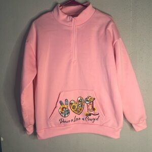 Pink Quarter-Zip Sweatshirt with Peace Love Graphic